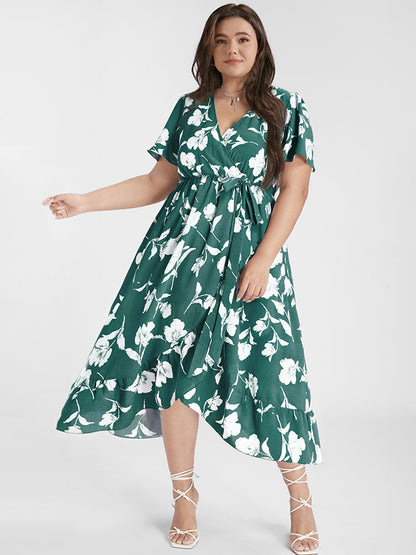 Floral Ruffle Knot Side Wrap Dress