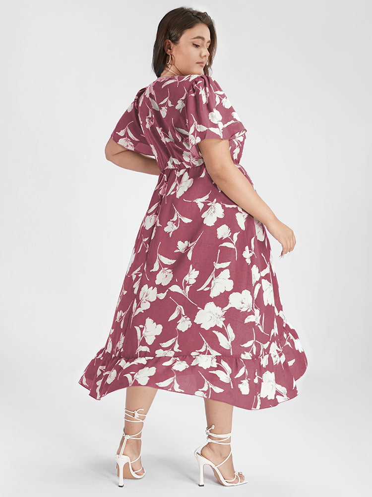 Floral Ruffle Knot Side Wrap Dress