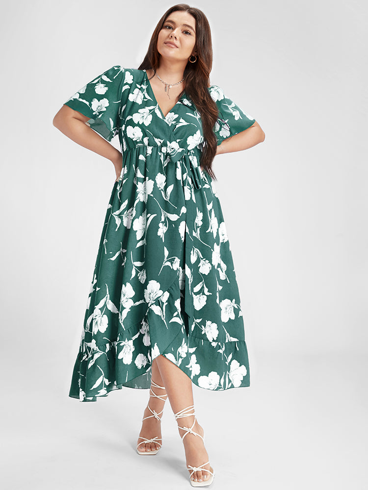 Floral Ruffle Knot Side Wrap Dress