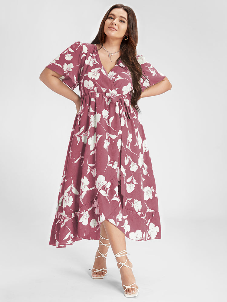 Floral Ruffle Knot Side Wrap Dress