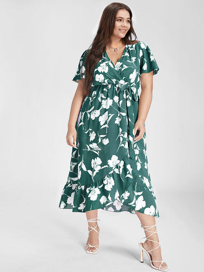 Floral Ruffle Knot Side Wrap Dress