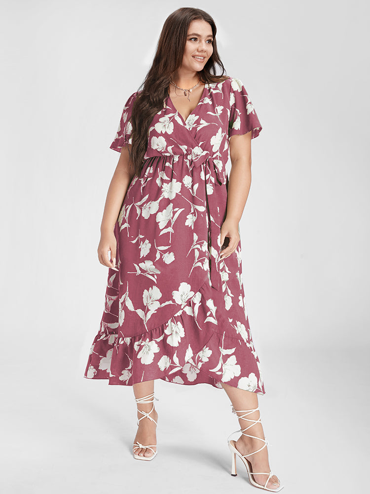 Floral Ruffle Knot Side Wrap Dress