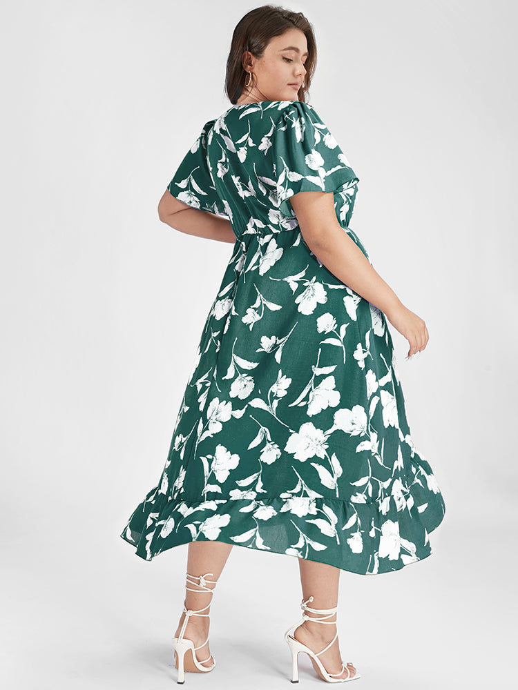 Floral Ruffle Knot Side Wrap Dress