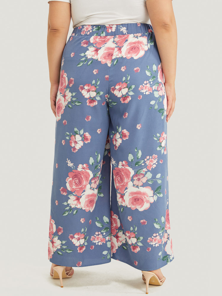 Floral Print Pocket Split Wide Leg Pants