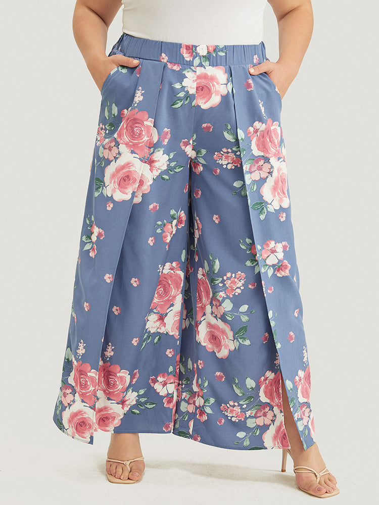 Floral Print Pocket Split Wide Leg Pants