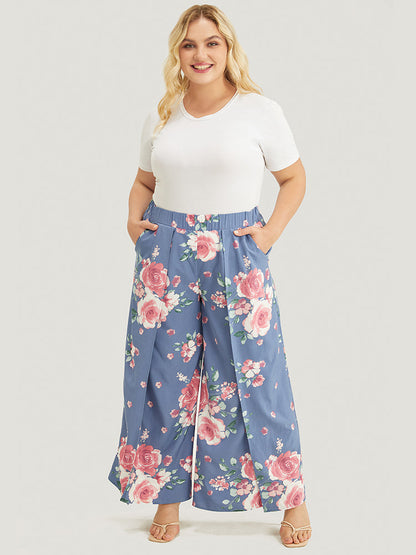 Floral Print Pocket Split Wide Leg Pants