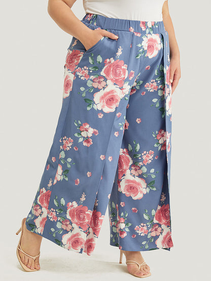 Floral Print Pocket Split Wide Leg Pants