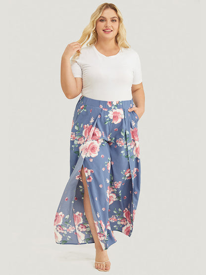 Floral Print Pocket Split Wide Leg Pants